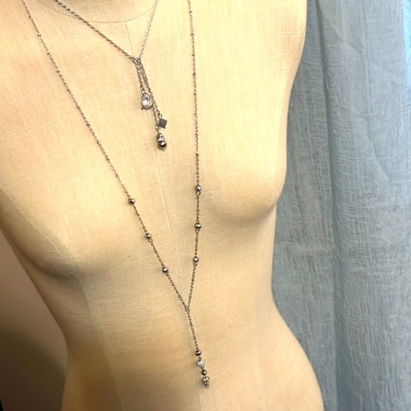 Jewelry - Dual Chain & Rhinestone Lariat Drop Necklace.